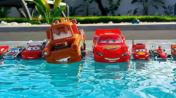 Disney Pixar Cars falling into deep pool, Lightning McQueen, Tow Mater, Mack, Sally, Francesco