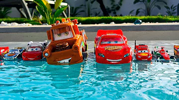 Disney Pixar Cars falling into deep pool, Lightning McQueen, Tow Mater, Mack, Sally, Francesco