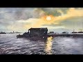 Waterscape #14 - Watercolor Painting of a Sunrise at Seaport