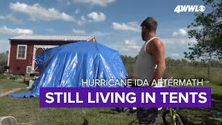 Houma family living in tent, car since Ida