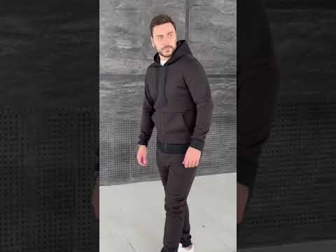 Теплый мужской спортивный костюм зимний чёрный, мужские спортивные костюмы повседневные прогулочные на флисе, видео 1