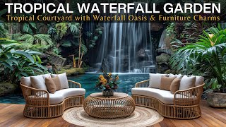 Patio de estilo tropical con un oasis de tranquilidad y cascada, muebles de bambú y teca.