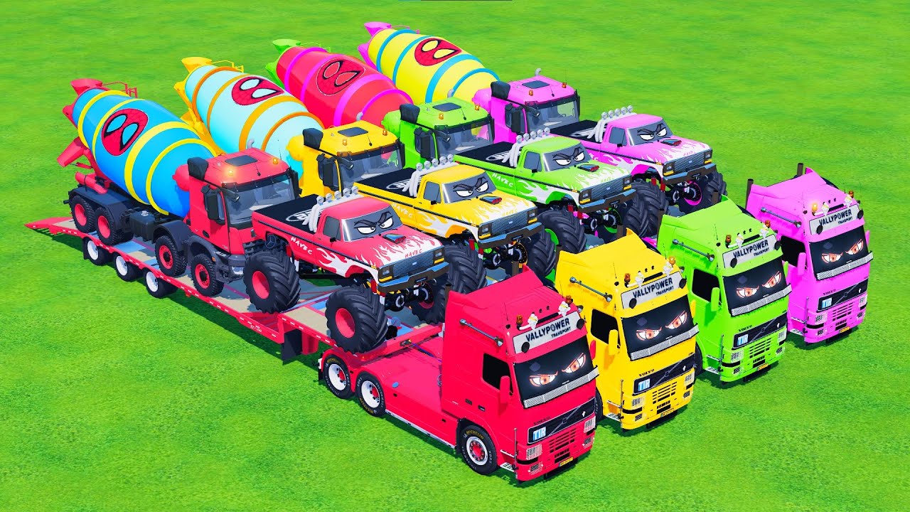 TRANSPORTING with COLORS - 4 MONSTER CARS and 4 MIXER TRUCK with TRUCK FLATBED - FS 22 - Galaxy Farm