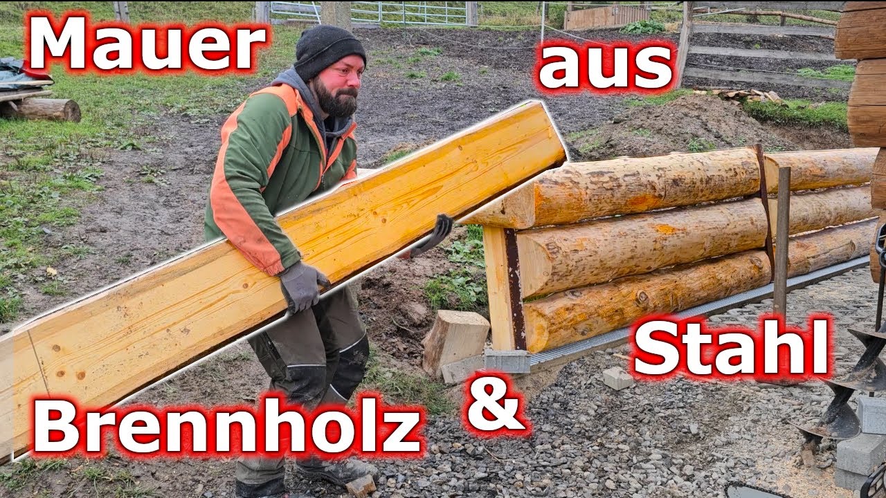 Stützmauer aus Brennholz und Stahl