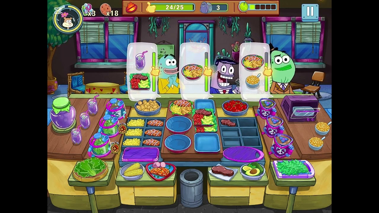 Playing SpongeBob Krusty Cook-off, upsetting his customer at the Kelp Restaurant 