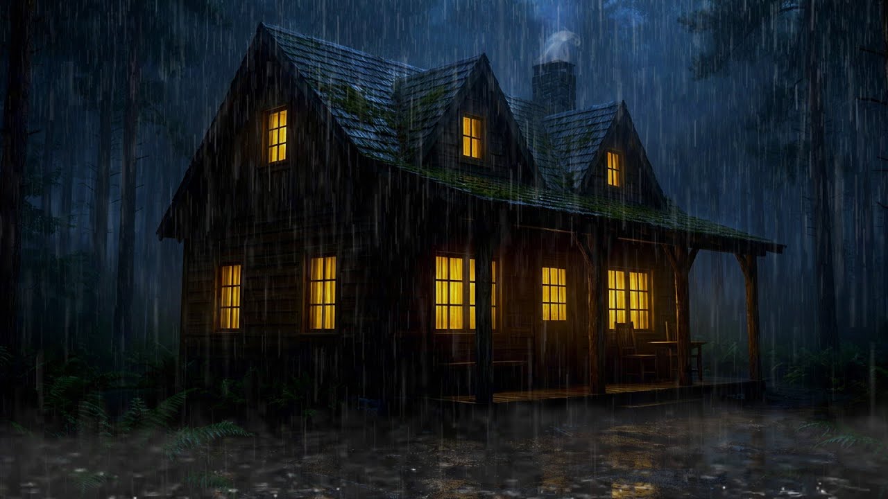 🔥 Heavy Rain Sounds 1 Hour | Cozy Cabin in the Dark Forest 🌧️ (No Ads)