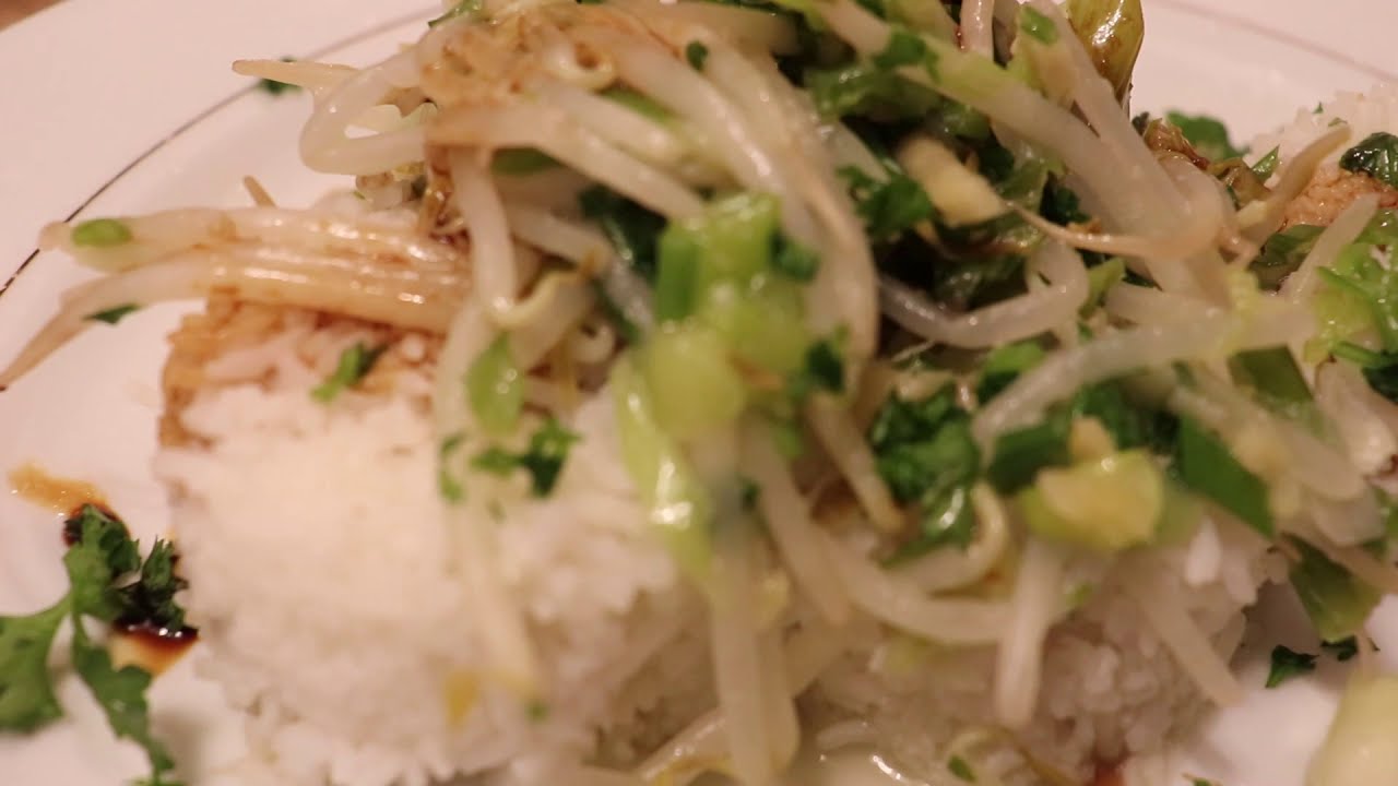 Sautéed Bean Sprouts and Scallions w/Ginger Over Jasmine Rice. Plant Based Vegan Recipe