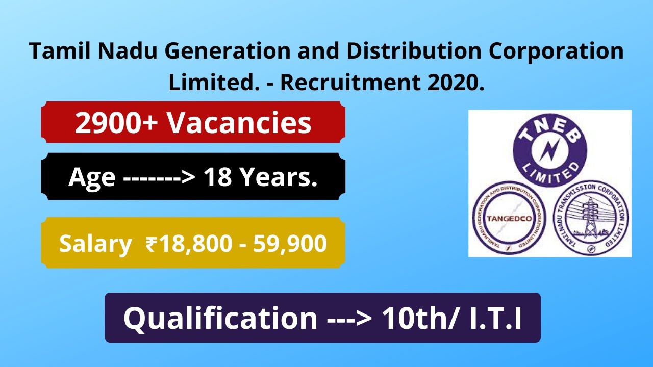 TANGEDCO TNEB Recruitment 2020 | Salary ₹59,900 | 2900 Posts Latest Govt Jobs 2020