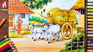 HOW TO DRAW EASY COLORFUL VILLAGE SCENERY WITH HUMAN AND ANIMAL FIGURES | FULL TUTORIAL |