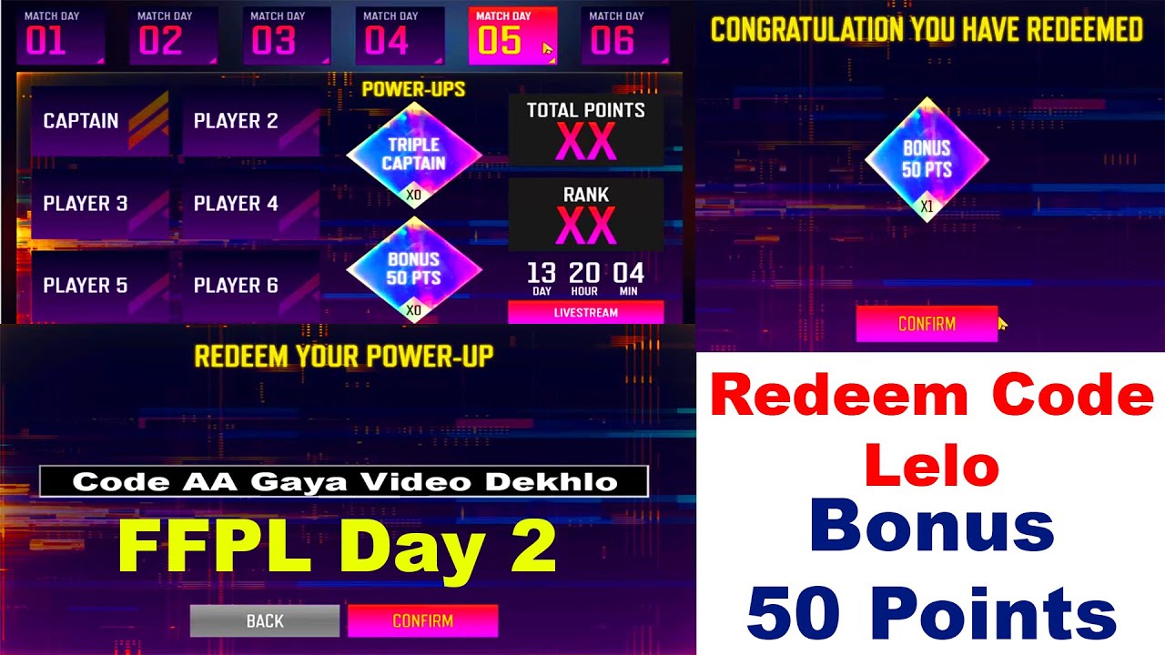 Free Fire Pro League Dream Team Redeem Code x50 Bonus Point Day 2