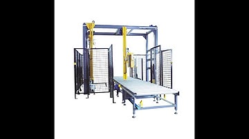 In-line Automatic Pallet Rotary Arm Wrap Machine with Top Sheet Dispenser video youtube