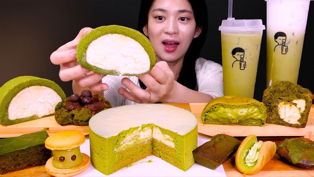 🍵녹차 특집!!🍰이번엔 초록초록한 녹차 특집 디저트 먹방❤ | Green tea Latte, Roll, Cream bread, Macaroon, Cookie ASMR Mukbang