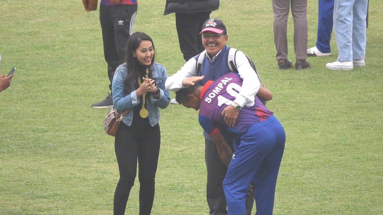 Respect moments Sompal Kami alongside his wife Pratibha touching the feet of the father of Karan KC