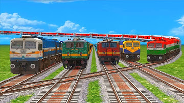 5 Colorful Diesel Trains Crossing On Crisscrossed Flying Bumpy Forked Railroad Track #58