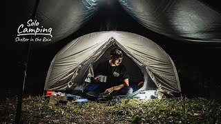 Solo Camping: Build a shelter in heavy rain, cooking, ASMR