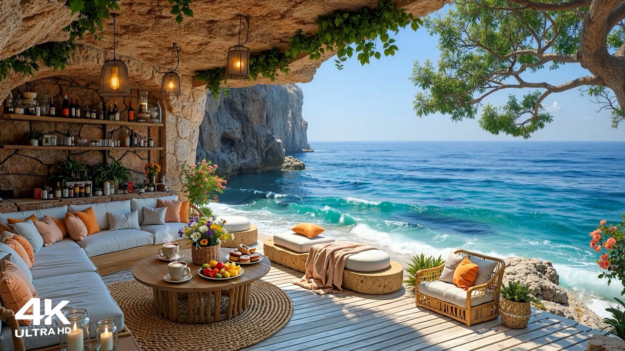 Seaside Jazz Cafe ~ Positive Bossa Nova Music & Crashing Wave Sounds for Relaxing and Working