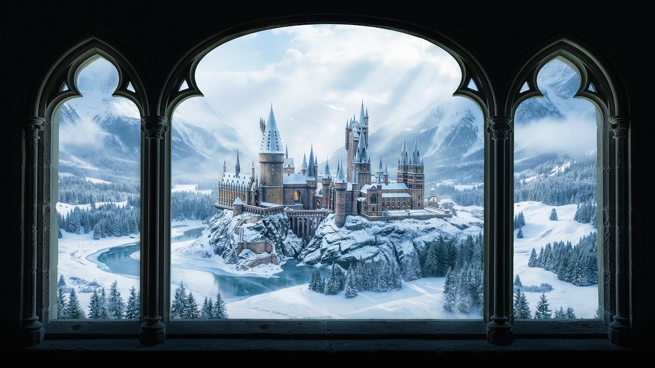 Harry Potter Winter Window View 4K - Hogwarts Snow Ambience & Wind Sounds for Study and Sleep