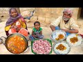 Mutton curry cooking and eating by old santali tribe couple for their lunch  tribal village cooking