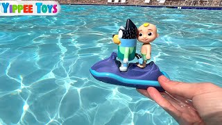 Cocomelon Fun in the Pool and Jet Ski Adventure | Pretend Play with Bluey Beach Cabin Toy