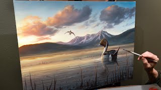 Landscape Oil Painting The Arrival - Pintails at Sunrise