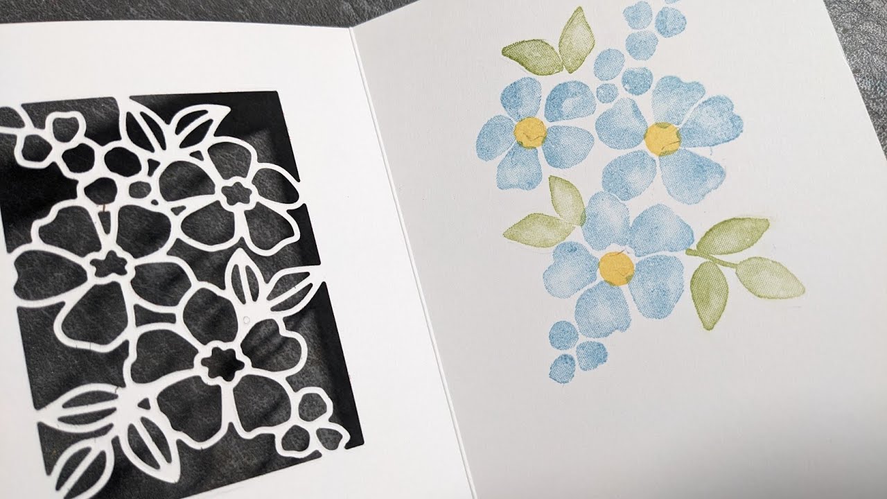 Набор трафаретов Fragrant Layers и соответствующие штампы для экспериментальной открытки. Детальн...