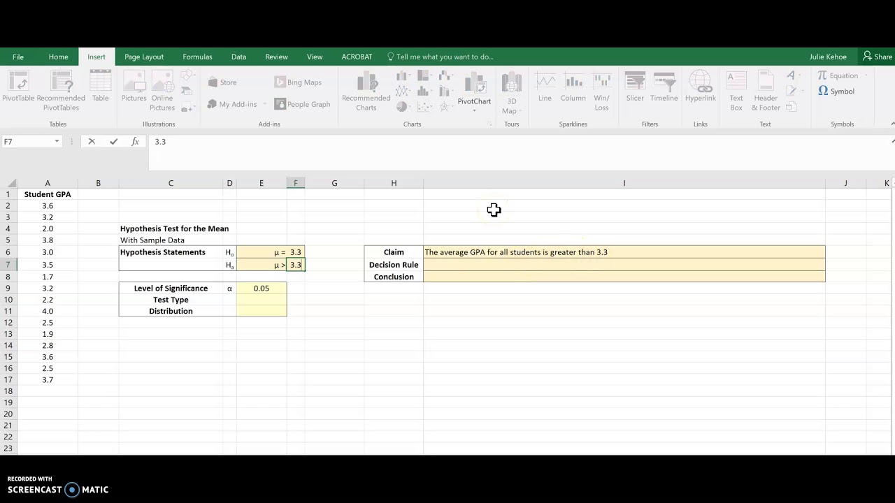 how to find hypothesis testing on excel