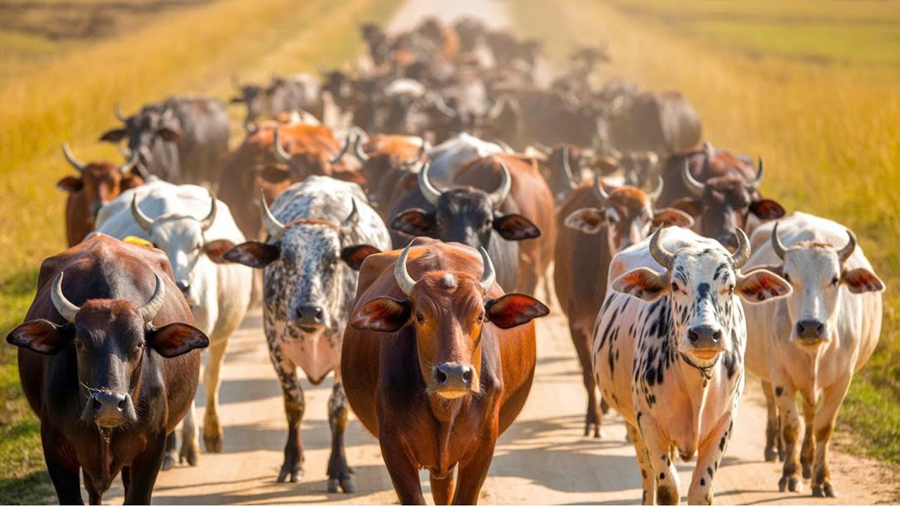 Buffaloes and cows line up to graze on the green grass field - Buffalo and Cow Videos