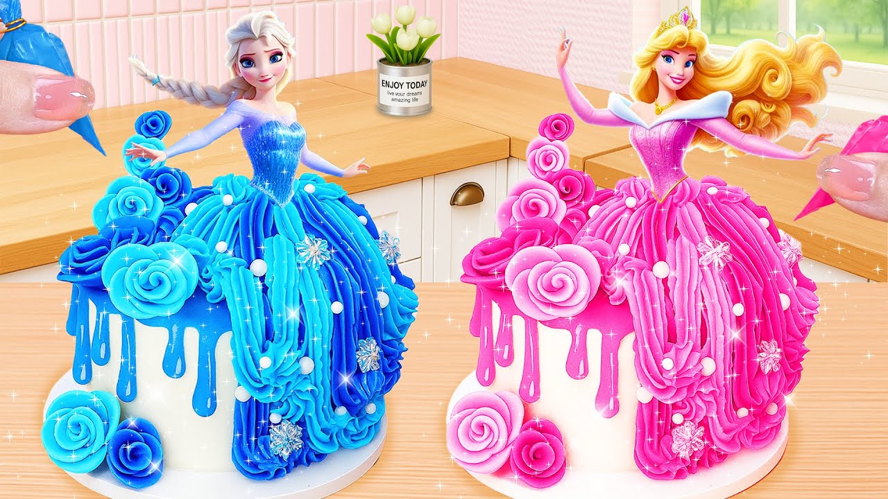 Торт «Принцесса Эльза против Авроры» 🎂💙💗 | Синий против розового кремового торта | Милые мини-вып...