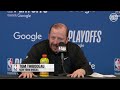 Jalen Brunson, Josh Hart and Head Coach Tom Thibodeau post game media | May 7, 2025