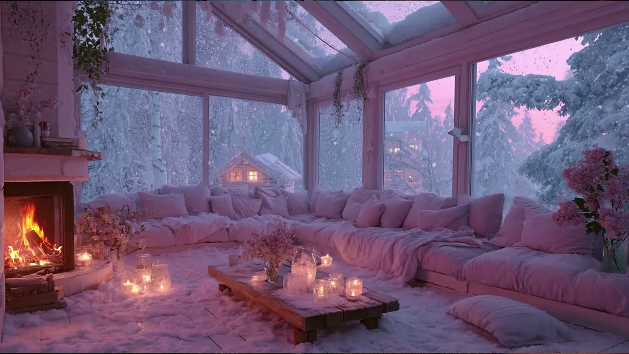 🎹 Winter Piano in Pink Room | Snowy Window View Fireplace for 3 Hours | Chill Study Calm Meditation