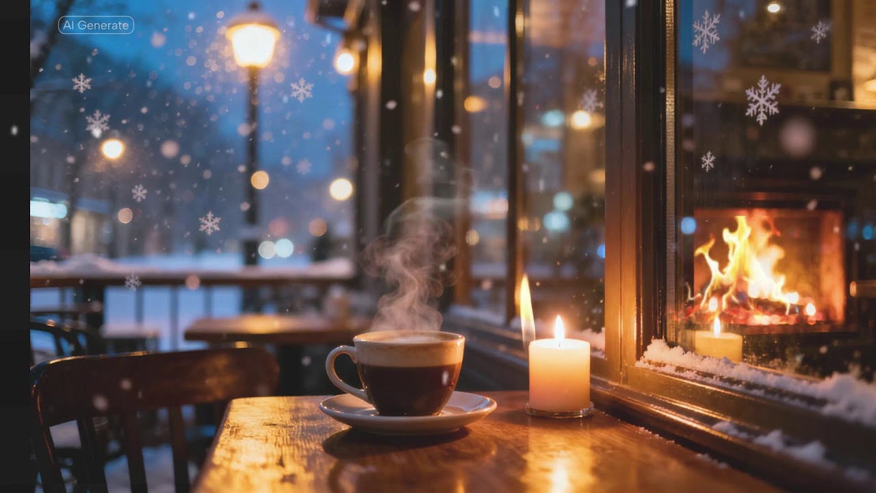 Snowy Christmas Cafe Ambience 🎄 Cozy Fireplace & Coffee Shop Vibes