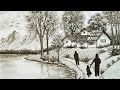 Beautiful mountain and lake side view | Indian Village Landscape Scenery Drawing By charcoal Pencil.