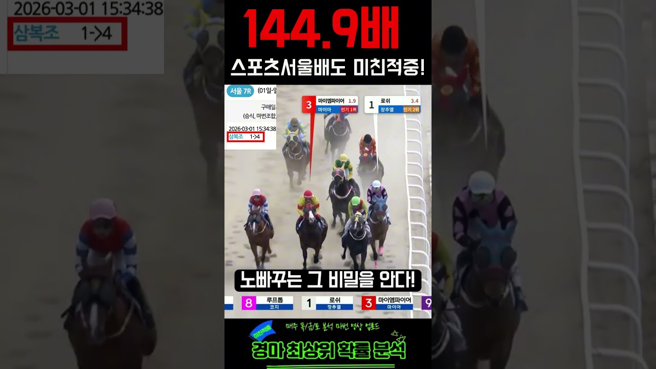 스포츠서울배 144.9배 미친적중! | 3월 1경주에이어 7경주 또 999 노빠꾸의 미친적중은 계속된다.| #경마 #경마재택크 #경마적중 #shorts #경마방송 #고배당 #쇼츠