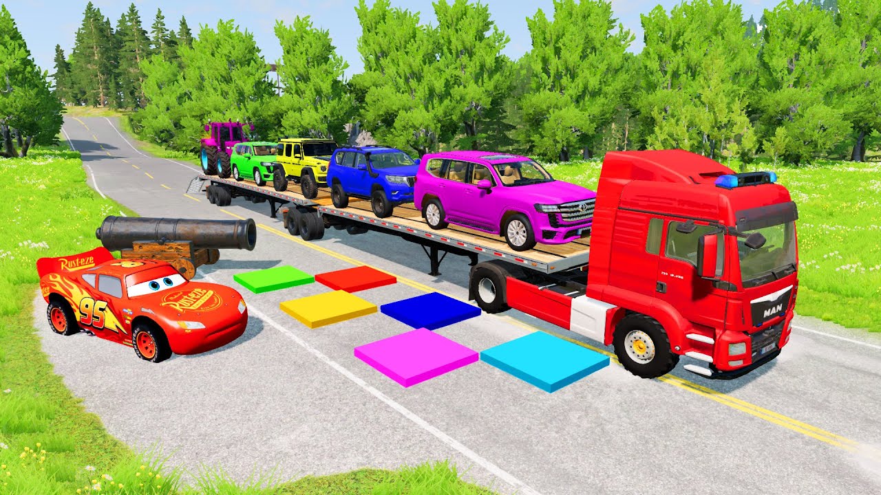 Flatbed Truck McQueen | Transportation with Truck - Pothole vs Car #1 | BeamNG.Drive Gameplay