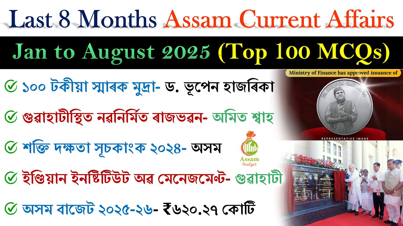 Last 8 Months Assam Current Affairs 2025 | January to August Important Assam Current Affairs 