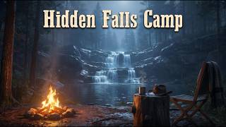 Hidden Falls Camp | RDR2 Relaxing Ambience | Waterfall & Campfire Sounds | Day to Night