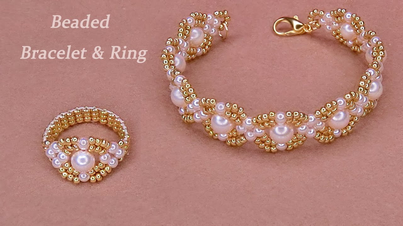 DIY Beaded Classic Bracelet and Beaded Ring with Pearls and Gold Seed Beads手工串珠手链和串珠戒指