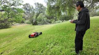 Remote controlled lawn mover easily cover large areas.