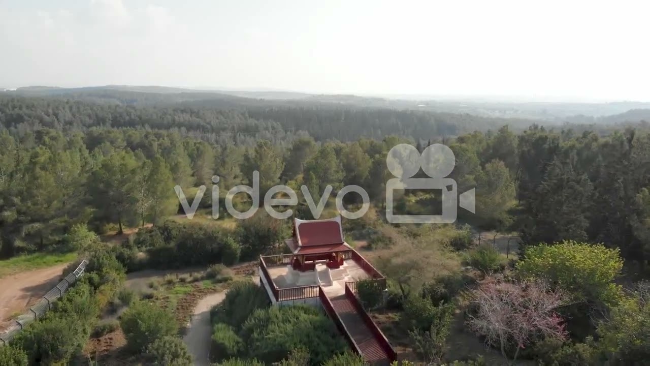 Aerial flying through Ben Shemen Forest Over Thai Pagoda surrounded By Nature   Israel