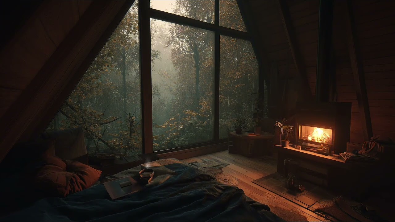 Rain Night in a Cozy A-Frame Cabin 🌩️🔥 Thunder, Rain & Fireplace Sounds for Sleep & Study