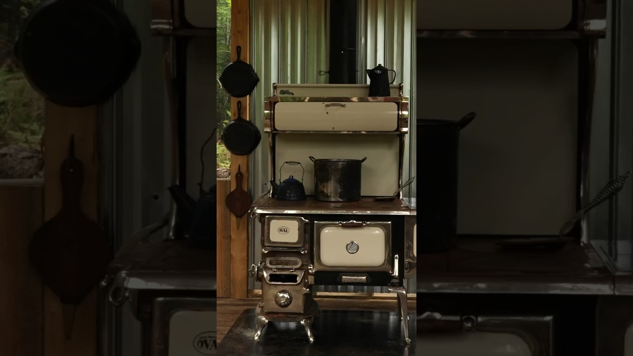 Antique Wood Cookstove Installation in the Outdoor Kitchen at my Off Grid Log Cabin 