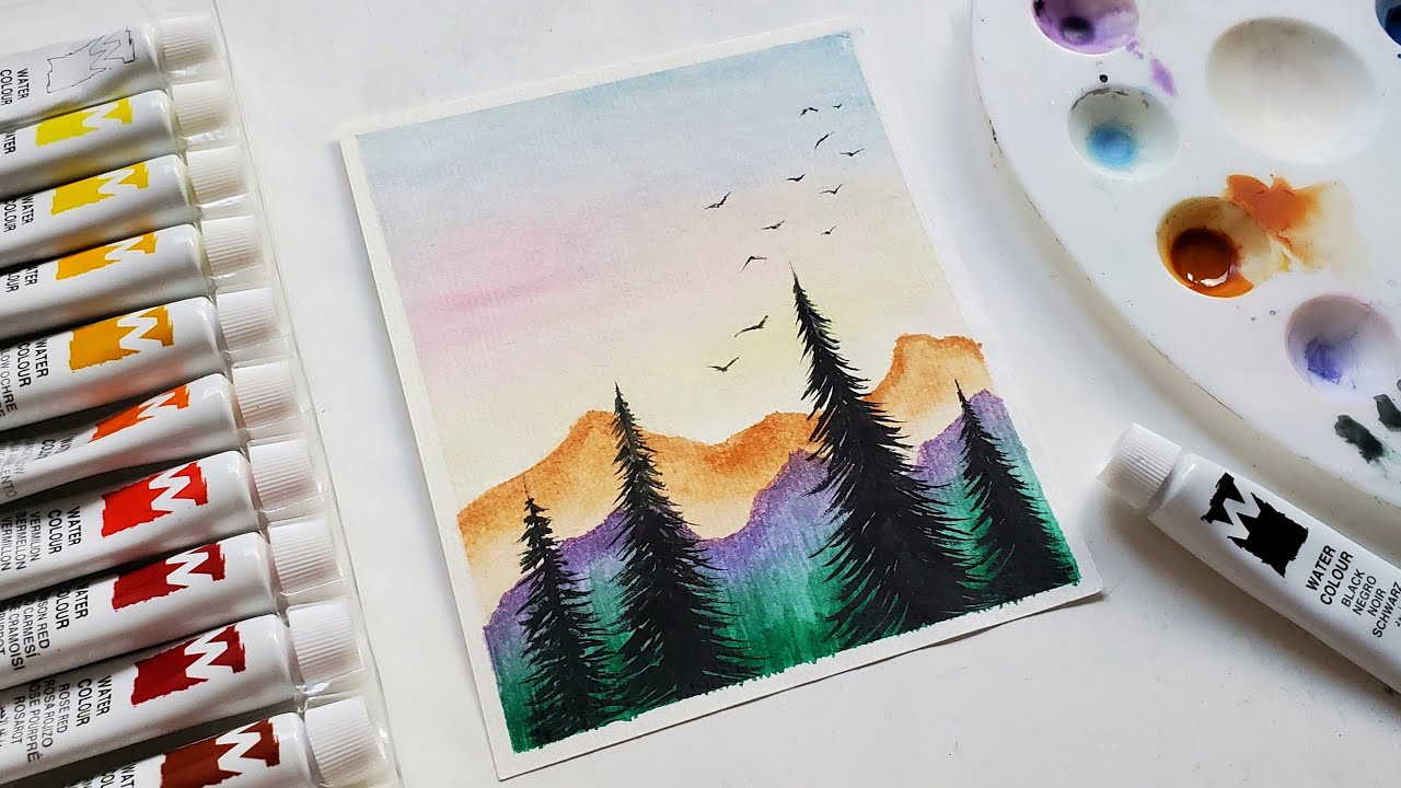 Watercolor Painting landscape mountains for Beginners// Watercolor Art ...