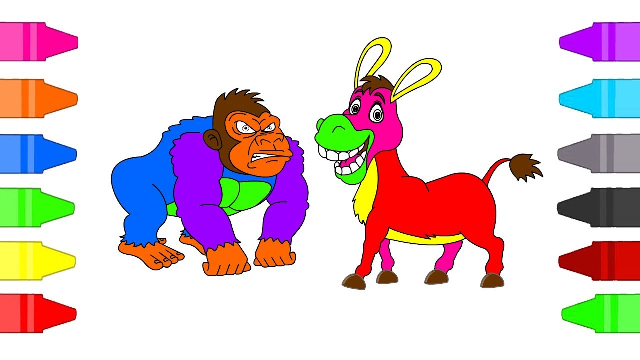 Gorilla Donkey Coloring Pages For Kids Animals Coloring Book For Children Youtube