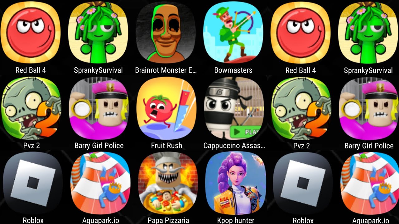 Spranky Survival,Roblox,Aquapark.io,Cappuccino Assassino,Kpop Demon Hunters,Brainrot Monster Escape
