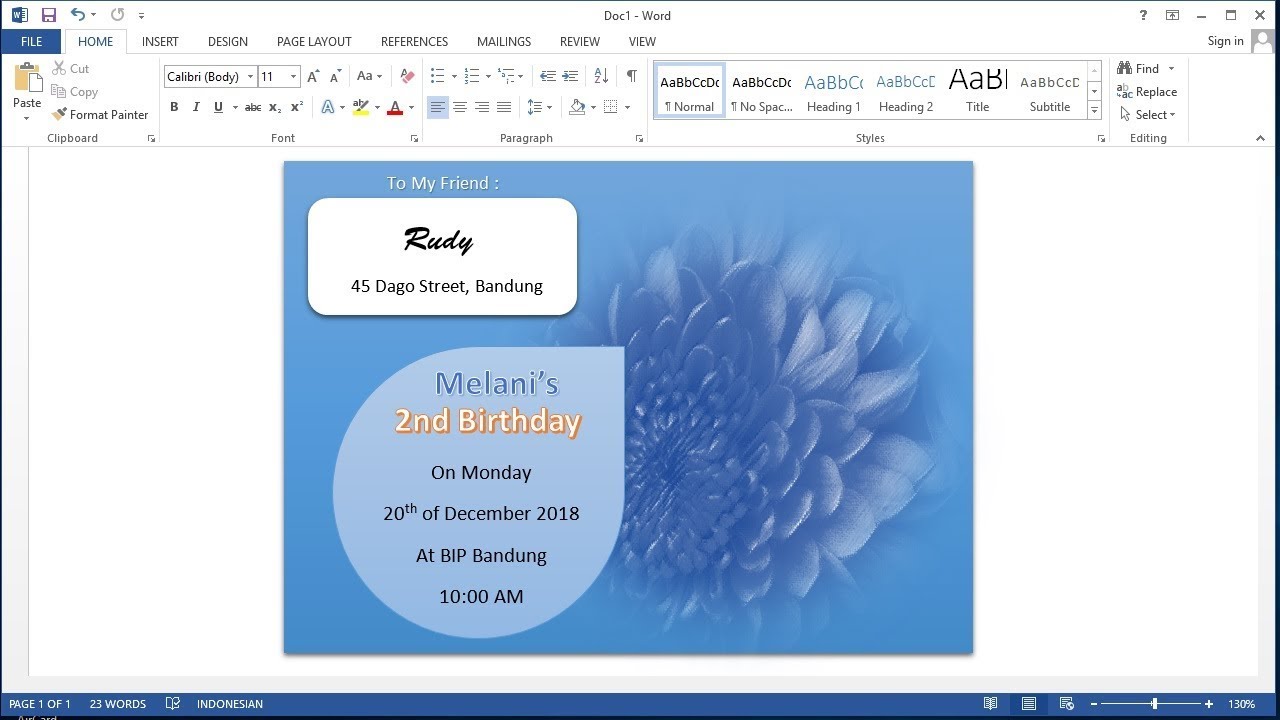 Belajar Microsoft Word 2013 Cara Membuat Kartu Undangan Ulang Tahun Birthday Invitation Card Youtube