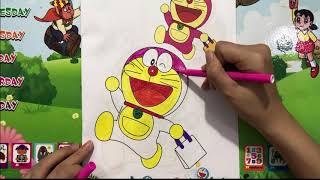 Hướng dẫn bé tập tô màu doremon xách túi bằng màu dạ | paint color doraemon screenshot 5