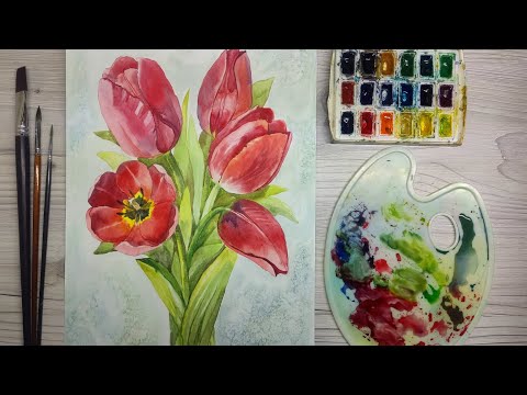 Видео: Как нарисовать красные ТЮЛЬПАНЫ акварелью. Букет из 5  цветов. Подробный урок.