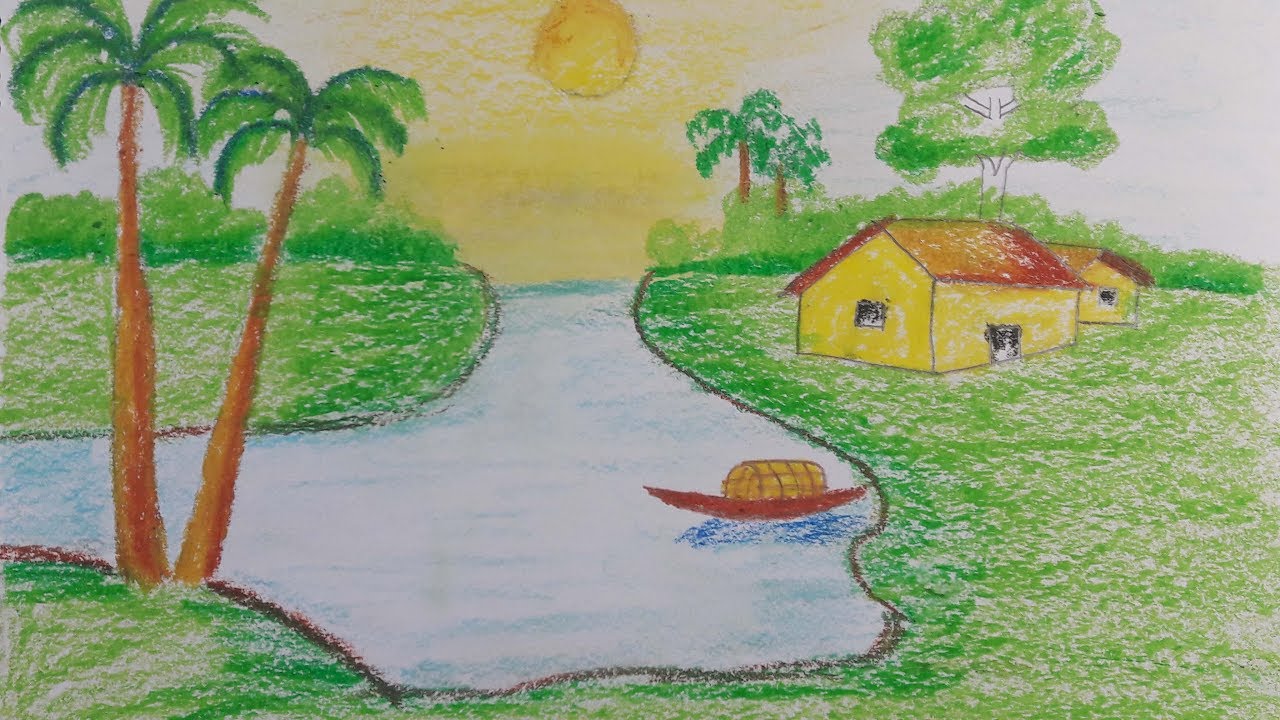 How to Draw a Village Scenery With Oil Pastel Step by Step ...