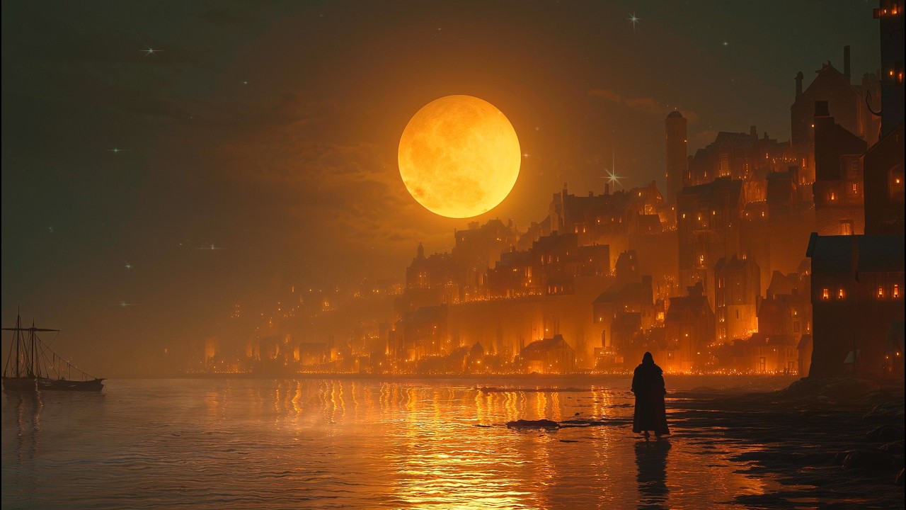 Fantasy Medieval Ambient | Moonlit Harbor City at Night 🌙 | Sleep & Relax Music