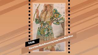Floral Color Block Drawstring Long Sleeve Mini Dress